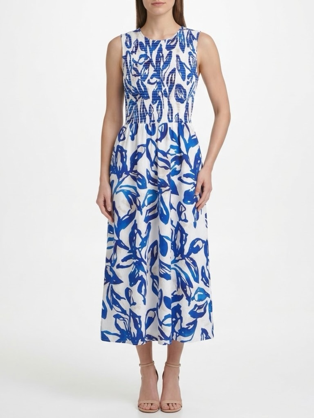 NWT Calvin Klein Womens Size 2 Smocked Sleeveless Blue Midi Dress